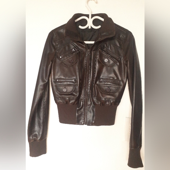 Dark brown pleather cropped fitted jacket, S - Picture 15 of 15